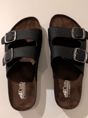 Cliffs Black Double-Buckle Slide Sandals with Brown Footbed 8.5M